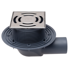 Balkonový a terasový vtok HL Hutterer & Lechner, DN75 s ležatým odtokem, s izolační přírubou, se suchou nezámrznou zápachovou klapkou, nerez 145x145mm/nerez 138x138mm, sítko