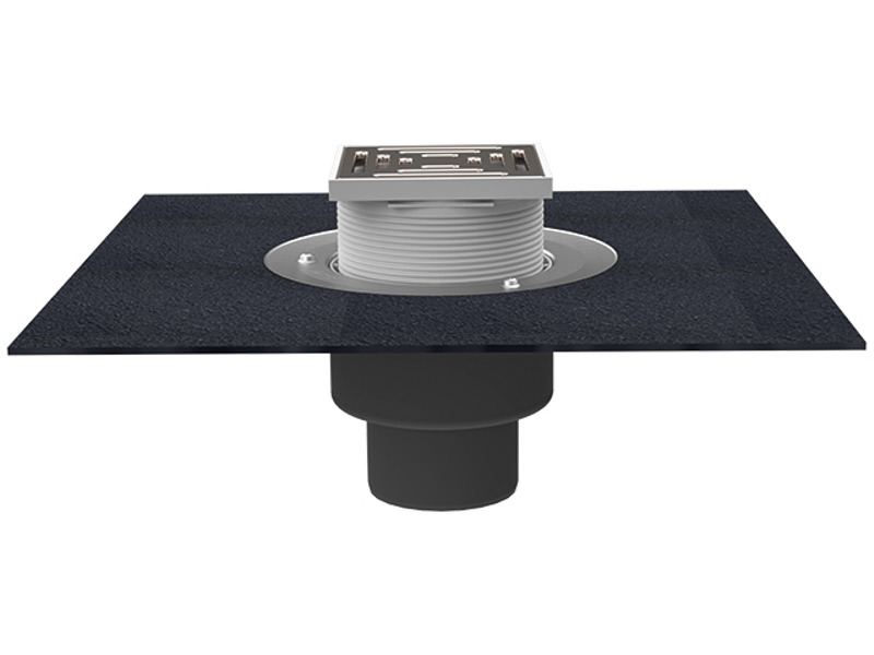 Střešní vtok HL Hutterer & Lechner, DN125 se svislým odtokem v provedení pro pochůzné střechy, s asfaltovou manžetou, tepelně izolovaný, nástavec 148x148mm/137x137mm. Záchytný koš plochý