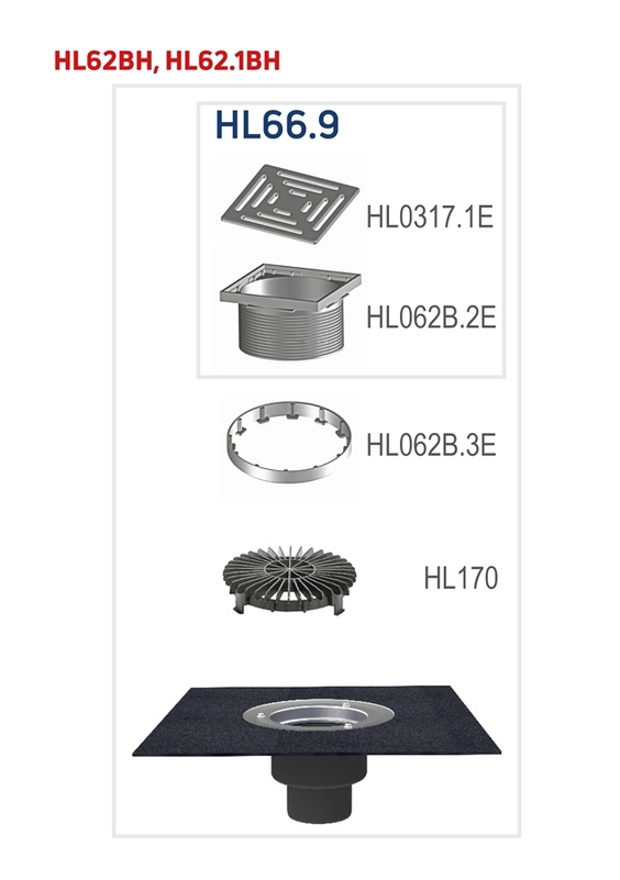 Střešní vtok HL Hutterer & Lechner, DN125 se svislým odtokem v provedení pro pochůzné střechy, s asfaltovou manžetou, tepelně izolovaný, nástavec 148x148mm/137x137mm. Záchytný koš plochý