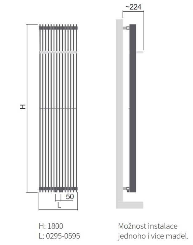 Těleso topné designové Isan Antika Cube 1800 x 295 mm, 1018 W, středové připojení, sněhově bílá RAL 9016