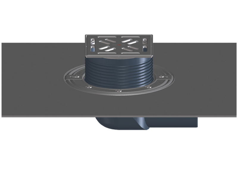 Balkonový a terasový vtok HL Hutterer & Lechner, DN75 s ležatým odtokem, s asfaltovou manžetou, se suchou nezámrznou zápachovou klapkou, nerez 145x145mm/nerez 138x138mm, sítko, plochý koš