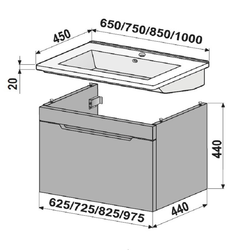 Závěsná skříňka s umyvadlem Plano Davos 1Z bílá A0016 65 x 45 x 46 cm