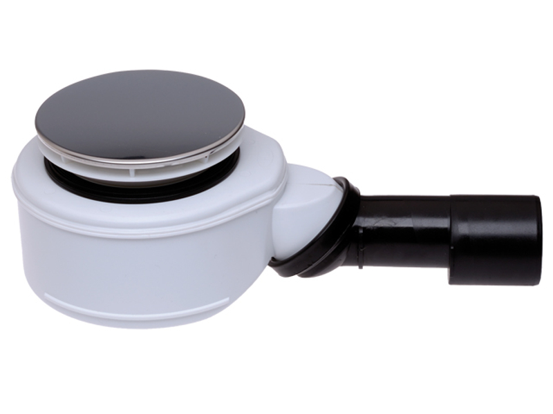 Zápachová uzávěrka HL Hutterer & Lechner, DN40/50 (plochá) ke sprchovým mísám (s otvorem 90mm), s kloubem na odtoku, s krytkou z ušlechtilé oceli d 113mm, sítko na vlasy