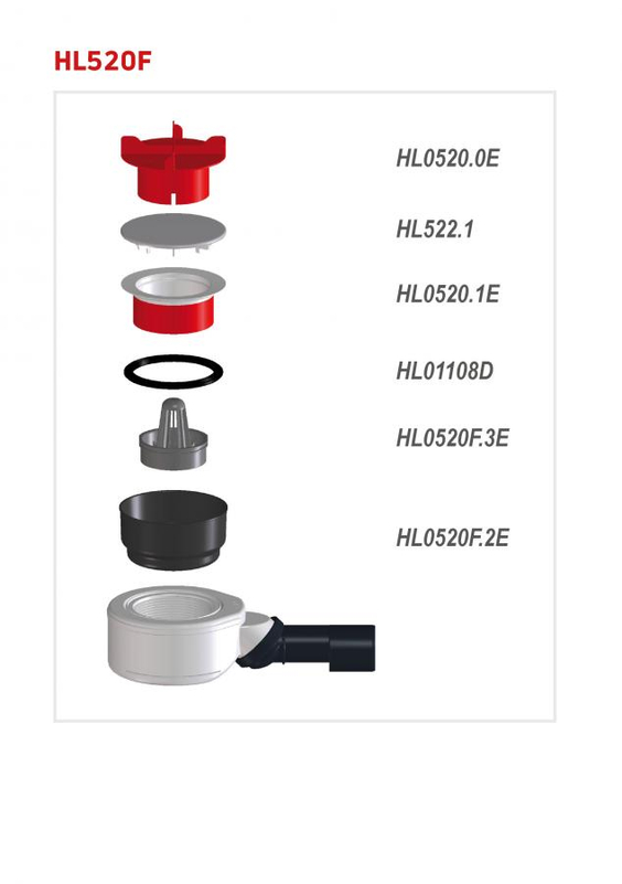 Zápachová uzávěrka HL Hutterer & Lechner, DN40/50 (plochá) ke sprchovým mísám (s otvorem 90mm), s kloubem na odtoku, s krytkou z ušlechtilé oceli d 113mm, sítko na vlasy