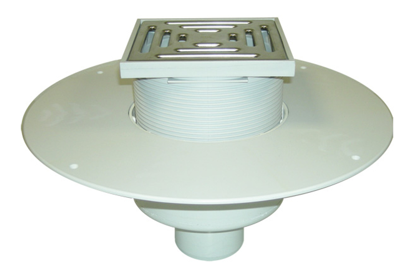 Střešní vtok HL Hutterer & Lechner, DN125 se svislým odtokem v provedení pro pochůzné střechy, s PVC izolační přírubou, tepelně izolovaný. Pro měkčené PVC hydroizolační fólie, nástavec 148x148/137x137mm. Záchytný koš plochý