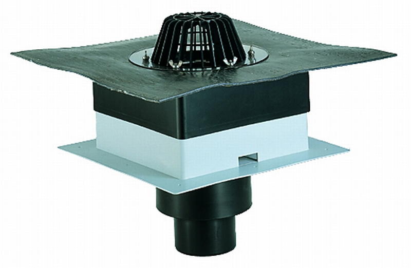 Střešní vtok ˝DrainBox˝ HL Hutterer & Lechner, DN75 se svislým odtokem, s asfaltovou manžetou, tepelně izolovaný (100-160mm). Záchytný koš standardní i plochý