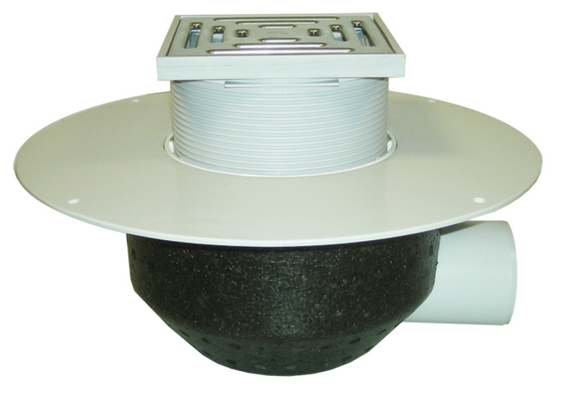 Střešní vtok HL Hutterer & Lechner, DN110 s ležatým odtokem v provedení pro pochůzné střechy, s PVC izolační přírubou, pro měkčené PVC hydroizolační fólie, tepelně izolovaný, nástavec 148x148mm/137x137mm. Záchytný koš plochý