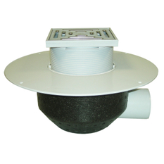 Střešní vtok HL Hutterer & Lechner, DN75 s ležatým odtokem v provedení pro pochůzné střechy, s PVC izolační přírubou, pro měkčené PVC hydroizolační fólie, tepelně izolovaný, nástavec 148x148mm/137x137mm. Záchytný koš plochý