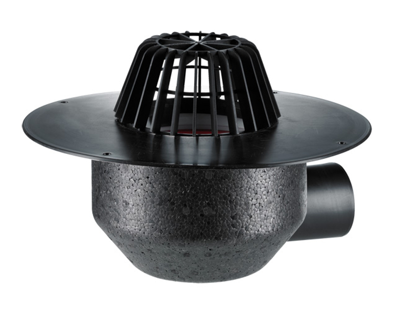 Střešní vtok HL Hutterer & Lechner, DN75 s ležatým odtokem, s PP izolační přírubou, pro TPO, FPO hydroizolační fólie, tepelně izolovaný. Záchytný koš standardní i plochý