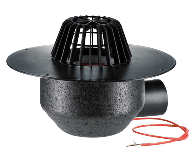 Střešní vtok HL Hutterer & Lechner, DN75 s ležatým odtokem, s PP izolační přírubou, pro TPO, FPO hydroizolační fólie, s elektrickým ohřevem(10-30W, 230V). Záchytný koš standardní i plochý