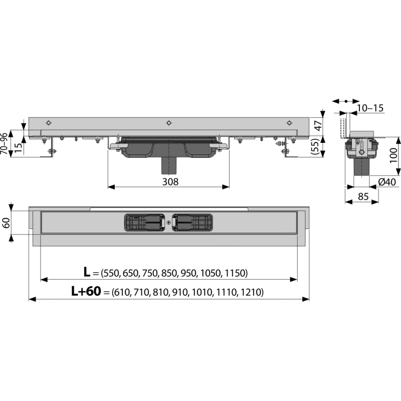 Podlahový žlab Alcadrain (Alcaplast) s okrajem pro perforovaný rošt a s nastavitelným límcem ke stěně, svislý odtok APZ1104-650