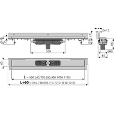 Podlahový žlab Alcadrain (Alcaplast) s okrajem pro perforovaný rošt a s nastavitelným límcem ke stěně, svislý odtok APZ1104-650