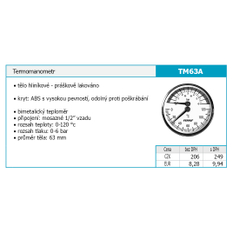 Termomanometr 63mm 1/2˝ AXIÁLNÍ 0-6bar