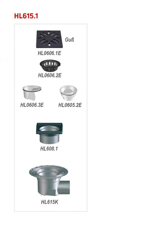 Velkokapacitní vpust HL Hutterer & Lechner, DN110 s ležatým odtokem, ZU standardní - vodní, koš na nečistoty, s izolační přírubou, litina 260x260mm/litina 226x226mm, M125
