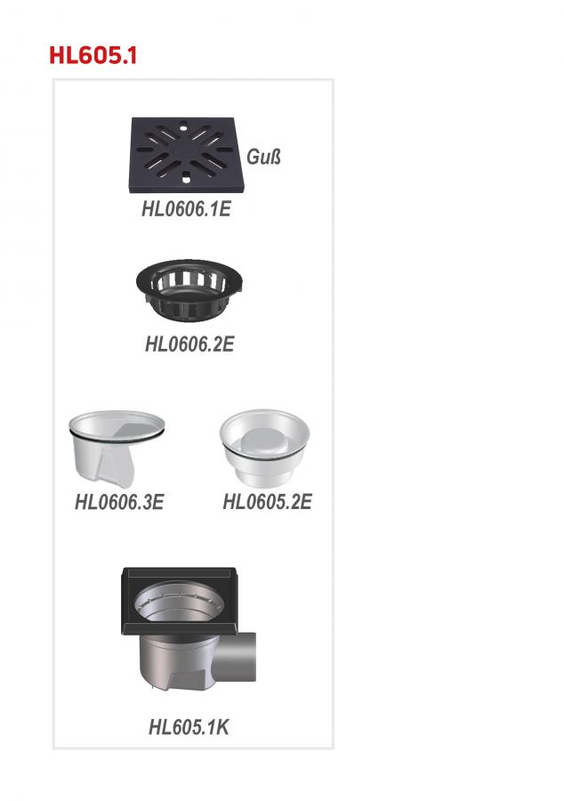 Velkokapacitní vpust HL Hutterer & Lechner, DN110 s ležatým odtokem, ZU standardní - vodní, koš na nečistoty, litina 260x260mm/litina 226x226mm, L15
