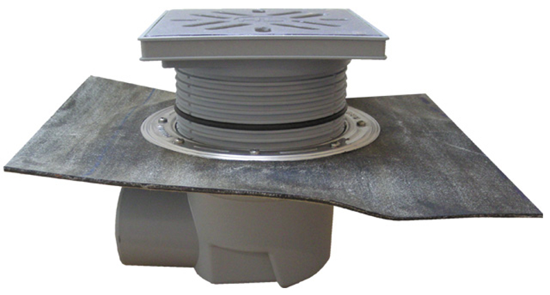 Velkokapacitní vpust HL Hutterer & Lechner, DN110 s ležatým odtokem, ZU standardní - vodní, koš na nečistoty, s asfaltovou manžetou, plast 240x240mm/nerez 226x226mm, ZU standardní - vodní, L15