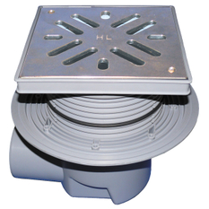 Velkokapacitní vpust HL Hutterer & Lechner, DN110 s ležatým odtokem, ZU standardní - vodní, koš na nečistoty, s izolační přírubou, plast 240x240mm/nerez 226x226mm, L15