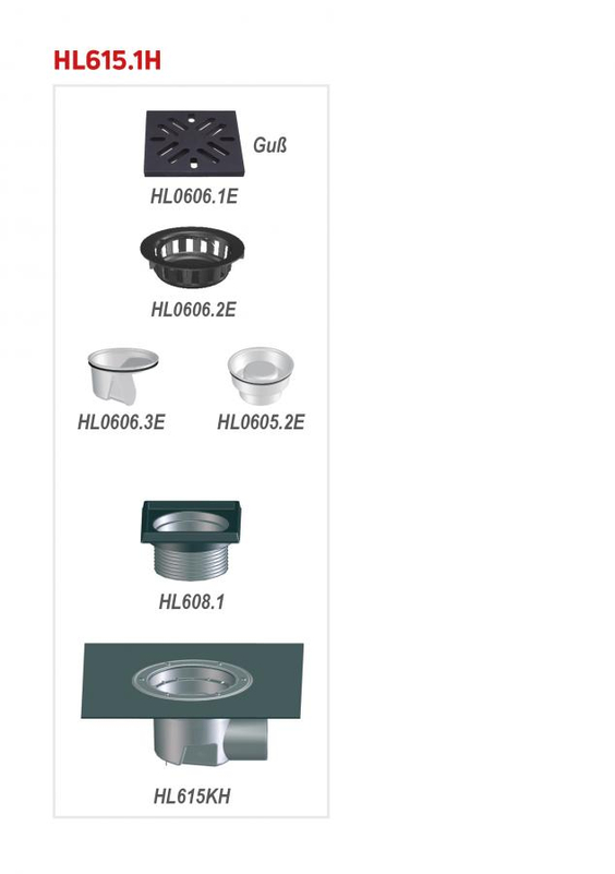 Velkokapacitní vpust HL Hutterer & Lechner, DN110 s ležatým odtokem, ZU standardní - vodní, koš na nečistoty, s asfaltovou manžetou, litina 260x260mm/litina 226x226mm, M125