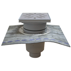 Velkokapacitní vpust HL Hutterer & Lechner, DN160 se svislým odtokem, ZU standardní - vodní, koš na nečistoty, s asfaltovou manžetou, plast 240x240mm/nerez 226x226mm, L15