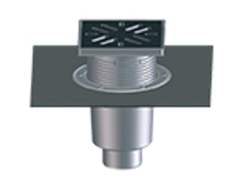 Velkokapacitní vpust HL Hutterer & Lechner, DN160 se svislým odtokem, ZU standardní - vodní, koš na nečistoty, s asfaltovou manžetou, plast 240x240mm/litina 226x226mm, L15