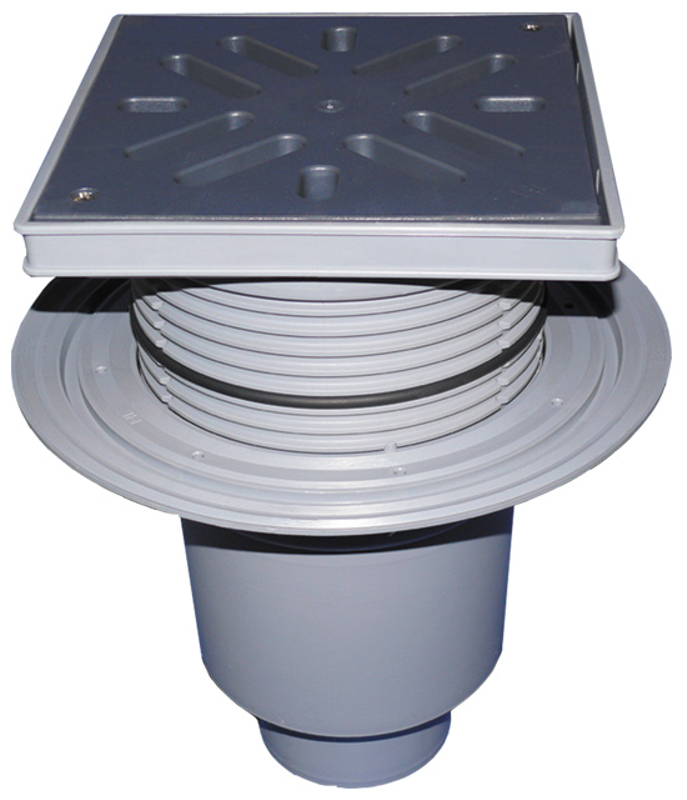 Velkokapacitní vpust HL Hutterer & Lechner, DN160 se svislým odtokem, ZU standardní - vodní, koš na nečistoty, s izolační přírubou, plast 240x240mm/plast 226x226mm, L15