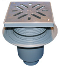 Velkokapacitní vpust HL Hutterer & Lechner, DN110 se svislým odtokem, ZU standardní - vodní, koš na nečistoty, s izolační přírubou, plast 240x240mm/nerez 226x226mm, L15