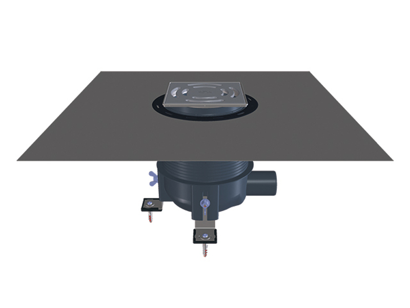 Sprchová vpust HL Hutterer & Lechner, DN50 s ležatým odtokem, se ZU Primus, výškově upravitelná, s izolační soupravou na stěrkové izolace, nerez 145x145/ nerez 138x138mm