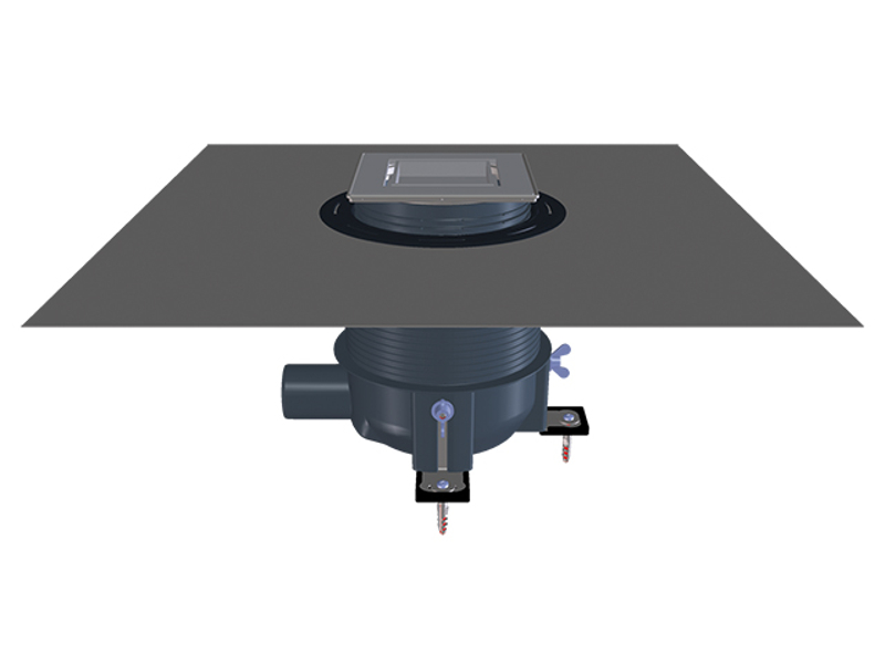 Sprchová vpust HL Hutterer & Lechner, DN50 s ležatým odtokem, se ZU Primus, výškově upravitelná, s izolační soupravou na stěrkové izolace, nerez 145x145/ s mřížkou Individuell 138x138mm pro vlepení dlažby