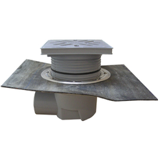 Velkokapacitní (dvorní) vtok HL Hutterer & Lechner, DN110 s ležatým odtokem, se suchou nezámrznou zápachovou klapkou, koš na nečistoty, s asfaltovou manžetou, plast 240x240mm/nerez 226x226mm, L15