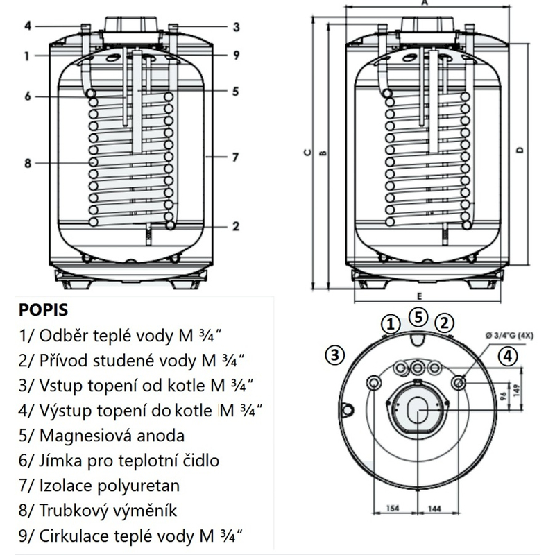 Nepřímoohřívaný ohřívač s výměníkem - pro plynové / elektrické kotle Ariston BCH CD1 120 EE AR, stacionární, objem 124 l
