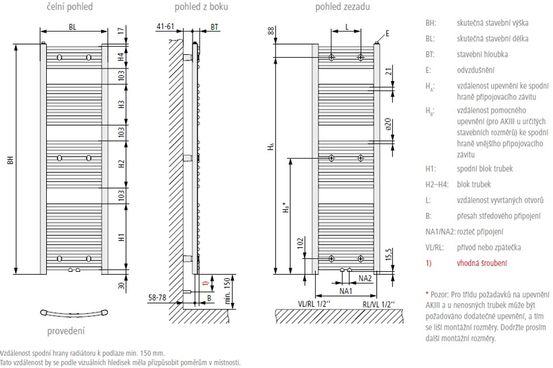 Koupelnové trubkové těleso Kermi B20-RM prohnuté, středové připoejní, 1502 x 890 mm, bílé