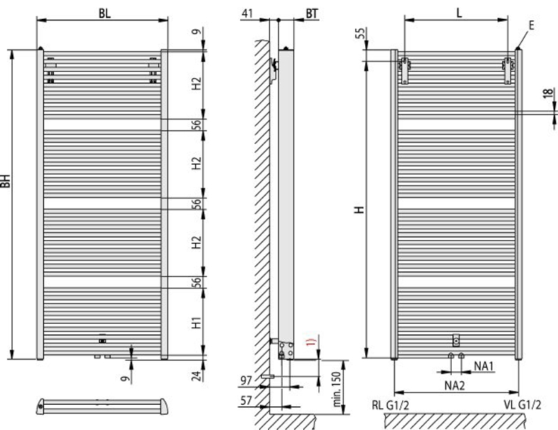 Těleso koupelnové trubkové Kermi Duett 1188 x 484 mm, středové připojení, 834W, bílé
