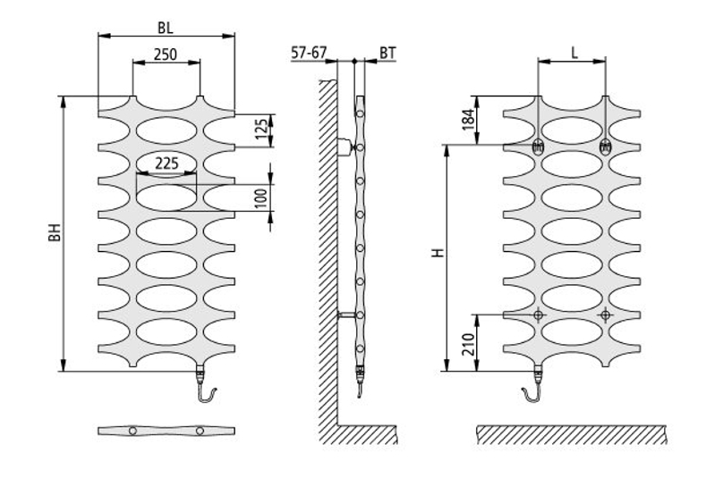 Těleso koupelnové designové elektrické Kermi Ideos-E 1151 x 508 mm, elektrosada WFS vlevo 400 W, stříbrné