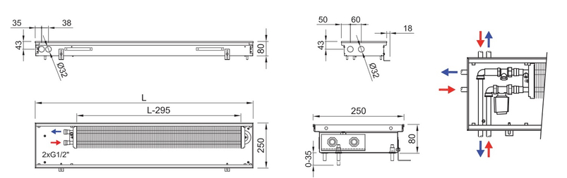 Konvektor podlahový s přirozenou konvekcí Isan Termo FRK 80 x 250 x 1700 mm, 399 W, připojení vlevo, výměník ocelový, mřížka Natur příčná rolovací hliník