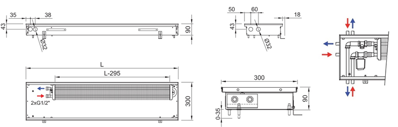 Konvektor podlahový s přirozenou konvekcí Isan Termo FRK 90 x 300 x 3900 mm, 1298 W, připojení vlevo, výměník ocelový, mřížka Natur příčná rolovací hliník