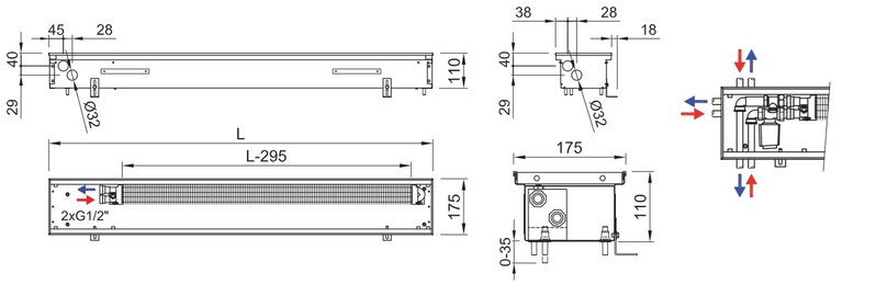 Konvektor podlahový s přirozenou konvekcí Isan Termo FRK 110 x 175 x 800 mm, 129 W, připojení vlevo, výměník ocelový, mřížka Natur příčná rolovací hliník