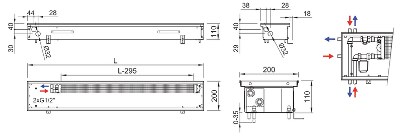 Konvektor podlahový s přirozenou konvekcí Isan Termo FRK 110 x 200 x 800 mm, 137 W, připojení vlevo, výměník ocelový, mřížka Natur příčná rolovací hliník