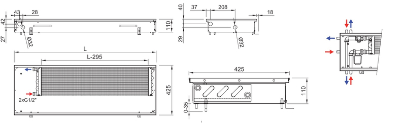 Konvektor podlahový s přirozenou konvekcí Isan Termo FRK 110 x 425 x 3800 mm, 2115 W, připojení vlevo, výměník ocelový, mřížka Natur příčná rolovací hliník