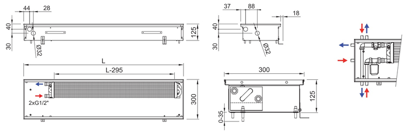 Konvektor podlahový s přirozenou konvekcí Isan Termo FRK 125 x 300 x 1100 mm, 424 W, připojení vlevo, výměník ocelový, mřížka Natur příčná rolovací hliník