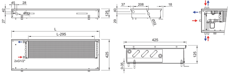 Konvektor podlahový s přirozenou konvekcí Isan Termo FRK 125 x 425 x 3300 mm, 2371 W, připojení vlevo, výměník ocelový, mřížka Natur příčná rolovací hliník
