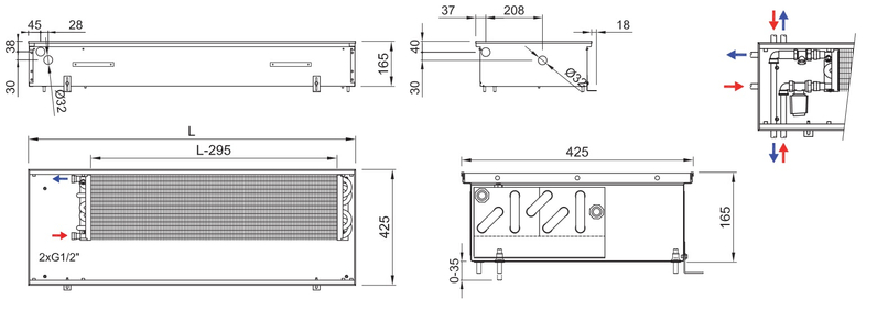 Konvektor podlahový s přirozenou konvekcí Isan Termo FRK 165 x 425 x 2500 mm, 2183 W, připojení vlevo, výměník ocelový, mřížka Natur příčná rolovací hliník