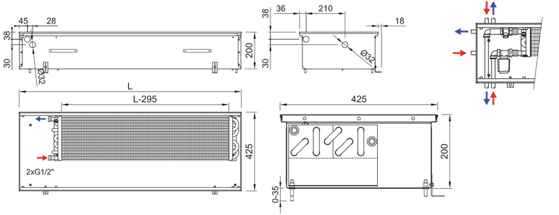 Konvektor podlahový s přirozenou konvekcí Isan Termo FRK 200 x 425 x 4700 mm, 4726 W, připojení vlevo, výměník ocelový, mřížka Natur příčná rolovací hliník