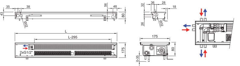 Konvektor podlahový s ventilátorem Isan Termo FRT 80 x 175 x 3700 mm, 3576 W, připojení vlevo, výměník ocelový, mřížka Natur příčná nízká nerolovací hliník