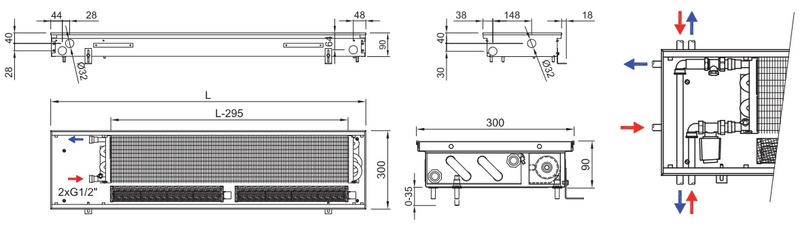 Konvektor podlahový s ventilátorem Isan Termo FRT 90 x 300 x 2200 mm, 4426 W, připojení vlevo, výměník ocelový, mřížka Natur příčná rolovací hliník