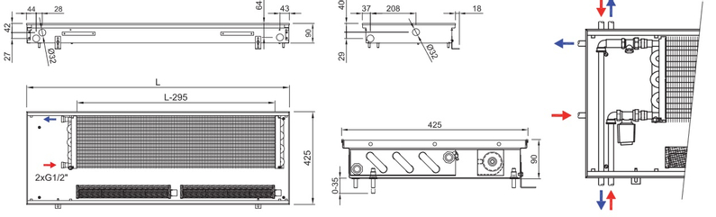 Konvektor podlahový s ventilátorem Isan Termo FRT 90 x 425 x 3600 mm, 8890 W, připojení vlevo, výměník ocelový, mřížka Natur příčná rolovací hliník