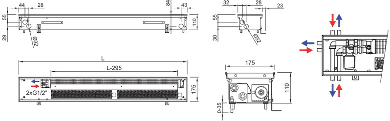 Konvektor podlahový s ventilátorem Isan Termo FRT 110 x 175 x 1300 mm, 1019 W, připojení vlevo, výměník ocelový, mřížka Natur příčná rolovací hliník