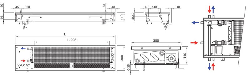 Konvektor podlahový s ventilátorem Isan Termo FRT 110 x 300 x 2800 mm, 7022 W, připojení vlevo, výměník ocelový, mřížka Natur příčná rolovací hliník