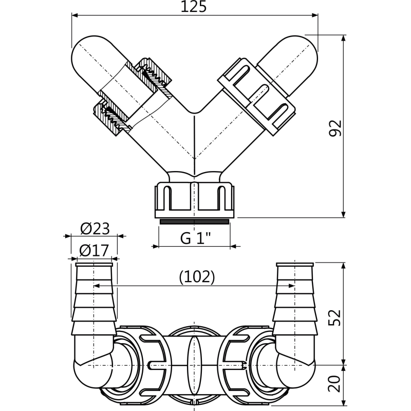 Dvojité kolínko Alcadrain (Alcaplast) G1˝/17-23 P148