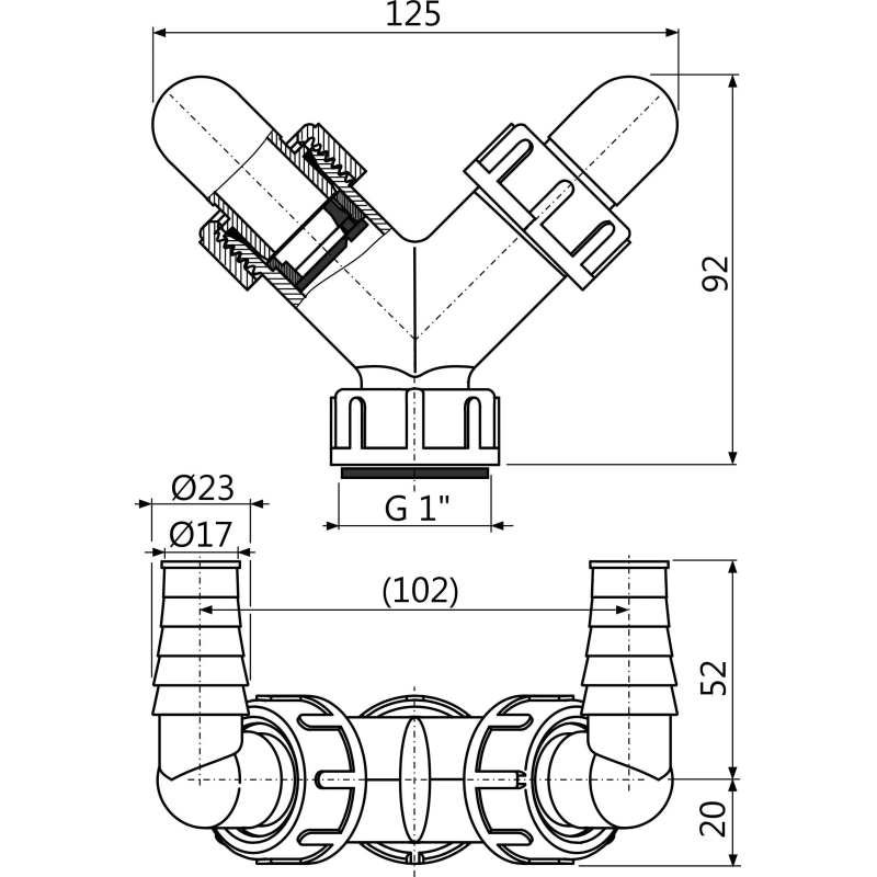 Dvojité kolínko Alcadrain (Alcaplast) G1˝/17-23 s klapkami P148Z