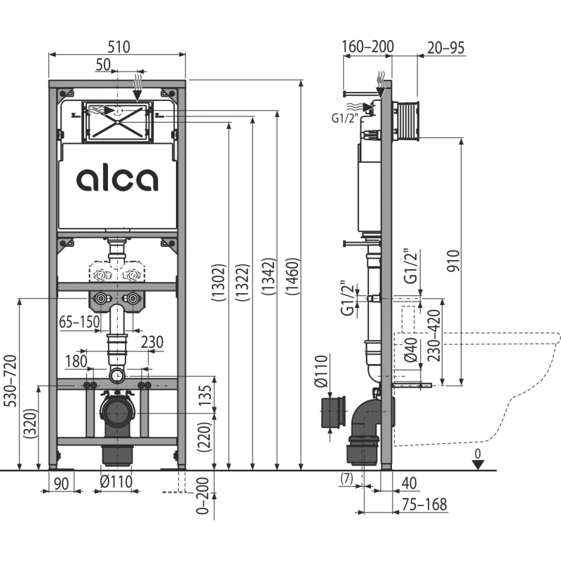 Montážní rám Alcadrain (Alcaplast) s nádržkou pro výlevku s odpadem DN90/110 a baterii A108F/1500